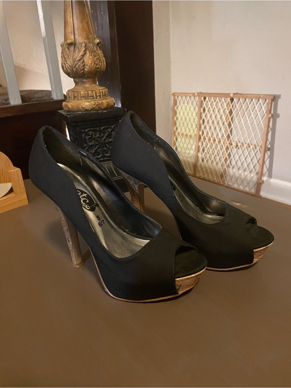 Rue21 Black Peep-Toe Platform Heels with Metallic Gold Trim